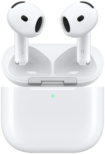 AirPods 5 brancos com estojo de recarga aberto — imagem oficial Apple