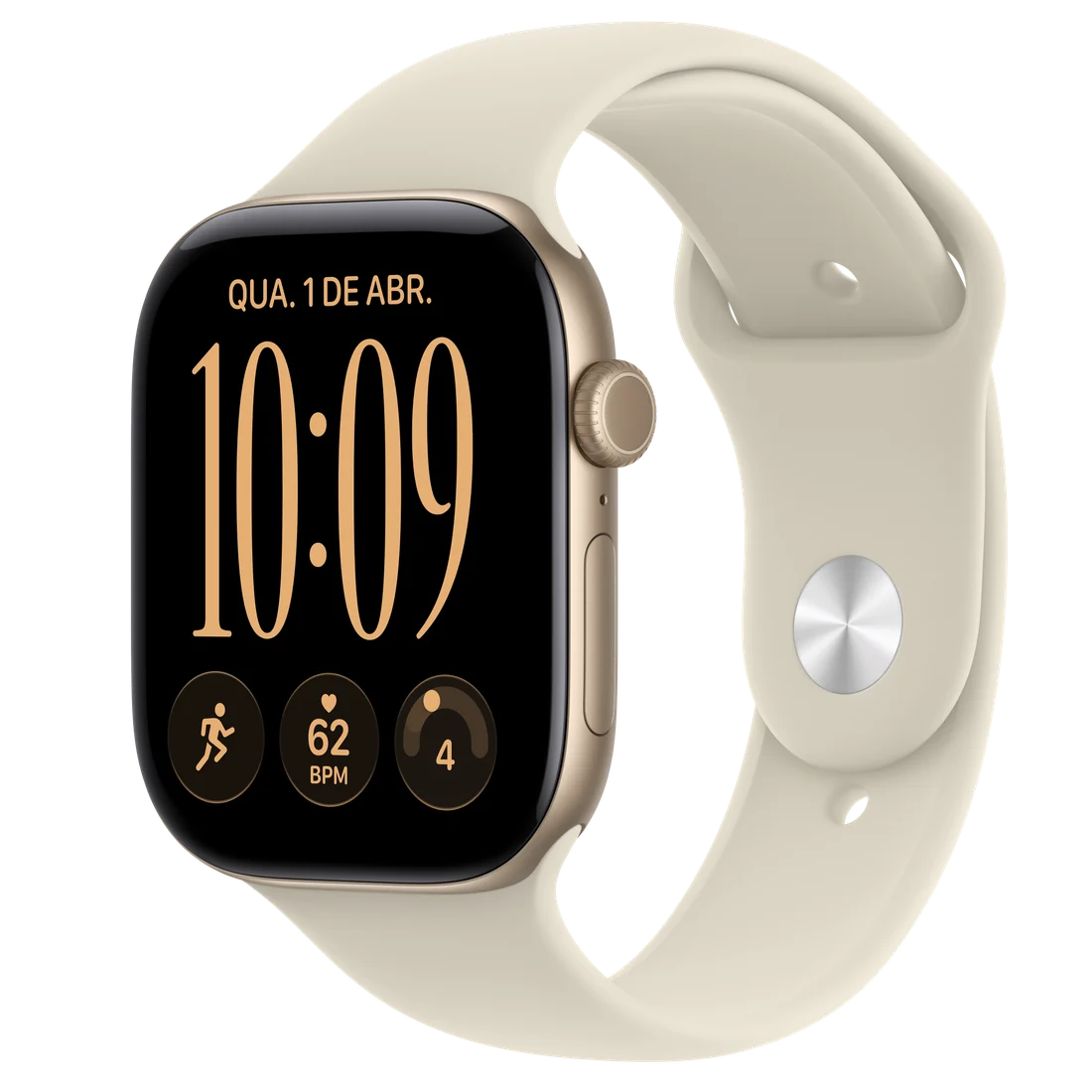 Apple Watch Series 12 inteiro com caixa de alumínio na cor Dourado-claro e pulseira esportiva areia. Imagem oficial Apple.
