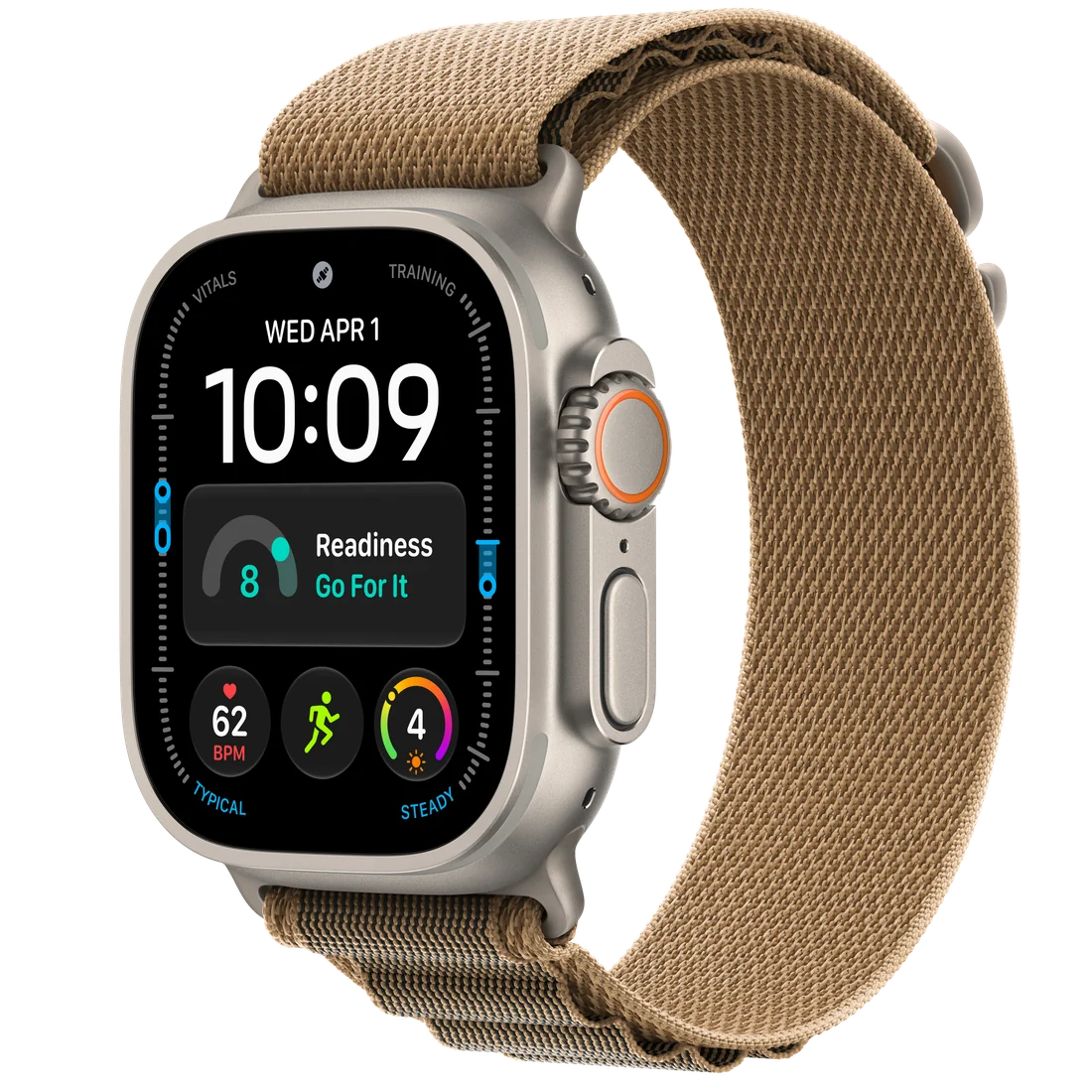Apple Watch Ultra 4 inteiro em titânio natural com pulseira Loop Alpina deserto. Imagem oficial Apple.